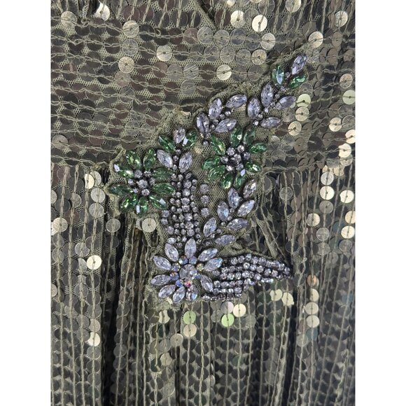 MAC DUGGAL Sequin Empire Waist Butterfly Sleeve A-Line Gown Olive Green Size 4 - Picture 5 of 7